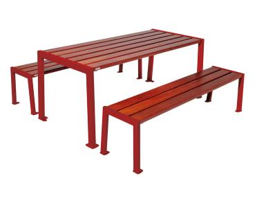 Sitzgruppe Silaos® aus Stahl und Holz Farbe:RAL 3004|Fertigstellung Holz:Eichenholz PEFC-zertifiziert - Tönung Mahagoni|Struktur:Tisch + Sitzbank
