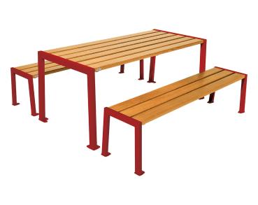 Sitzgruppe Silaos® aus Stahl und Holz Farbe:RAL 3004|Fertigstellung Holz:Eichenholz PEFC-zertifiziert - Lasur helle Eiche|Struktur:Tisch + Sitzbank