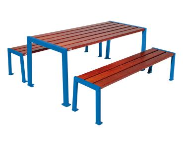 Sitzgruppe Silaos® aus Stahl und Holz Farbe:RAL 5010|Fertigstellung Holz:Eichenholz PEFC-zertifiziert - Tönung Mahagoni|Struktur:Tisch + Sitzbank