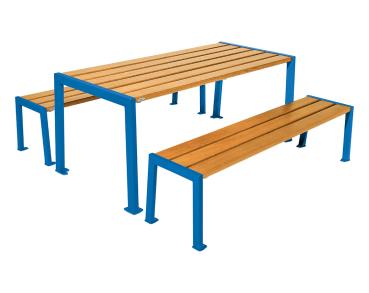 Sitzgruppe Silaos® aus Stahl und Holz Farbe:RAL 5010|Fertigstellung Holz:Eichenholz PEFC-zertifiziert - Lasur helle Eiche|Struktur:Tisch + Sitzbank
