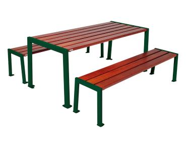 Sitzgruppe Silaos® aus Stahl und Holz Farbe:RAL 6005|Fertigstellung Holz:Eichenholz PEFC-zertifiziert - Tönung Mahagoni|Struktur:Tisch + Sitzbank