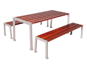 Sitzgruppe Silaos® aus Stahl und Holz Farbe:RAL 7044|Fertigstellung Holz:Eichenholz PEFC-zertifiziert - Tönung Mahagoni|Struktur:Tisch + Sitzbank