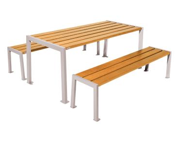 Sitzgruppe Silaos® aus Stahl und Holz Farbe:RAL 7044|Fertigstellung Holz:Eichenholz PEFC-zertifiziert - Lasur helle Eiche|Struktur:Tisch + Sitzbank