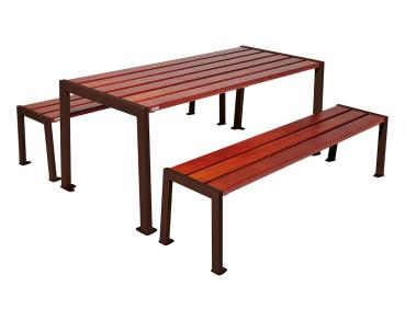 Sitzgruppe Silaos® aus Stahl und Holz Farbe:RAL 8017|Fertigstellung Holz:Eichenholz PEFC-zertifiziert - Tönung Mahagoni|Struktur:Tisch + Sitzbank