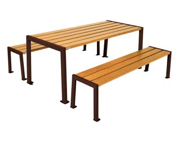 Sitzgruppe Silaos® aus Stahl und Holz Farbe:RAL 8017|Fertigstellung Holz:Eichenholz PEFC-zertifiziert - Lasur helle Eiche|Struktur:Tisch + Sitzbank
