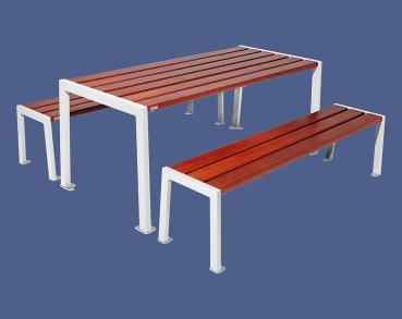 Sitzgruppe Silaos® aus Stahl und Holz Farbe:RAL 9010|Fertigstellung Holz:Eichenholz PEFC-zertifiziert - Tönung Mahagoni|Struktur:Tisch + Sitzbank