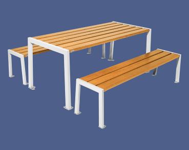 Sitzgruppe Silaos® aus Stahl und Holz Farbe:RAL 9010|Fertigstellung Holz:Eichenholz PEFC-zertifiziert - Lasur helle Eiche|Struktur:Tisch + Sitzbank