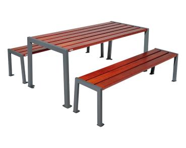 Sitzgruppe Silaos® aus Stahl und Holz Farbe:Procity grau|Fertigstellung Holz:Eichenholz PEFC-zertifiziert - Tönung Mahagoni|Struktur:Tisch + Sitzbank