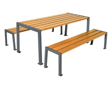 Sitzgruppe Silaos® aus Stahl und Holz Farbe:Procity grau|Fertigstellung Holz:Eichenholz PEFC-zertifiziert - Lasur helle Eiche|Struktur:Tisch + Sitzbank