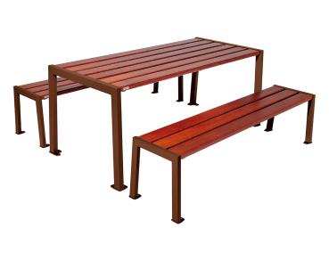 Sitzgruppe Silaos® aus Stahl und Holz Farbe:Rost Korten Effekt|Fertigstellung Holz:Eichenholz PEFC-zertifiziert - Tönung Mahagoni|Struktur:Tisch + Sitzbank