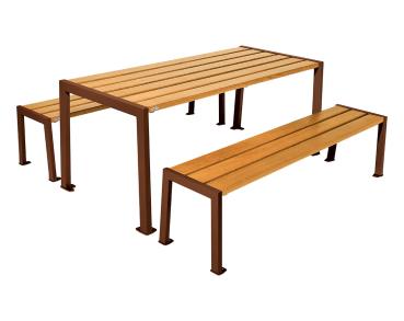 Sitzgruppe Silaos® aus Stahl und Holz Farbe:Rost Korten Effekt|Fertigstellung Holz:Eichenholz PEFC-zertifiziert - Lasur helle Eiche|Struktur:Tisch + Sitzbank