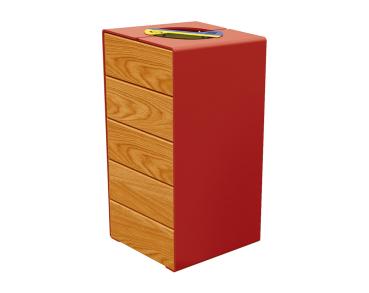 Abfalltrennsystem Kube. aus Stahl und Holz Farbe:RAL 3004|Fertigstellung Holz:Tropenholz - Lasur helle Eiche