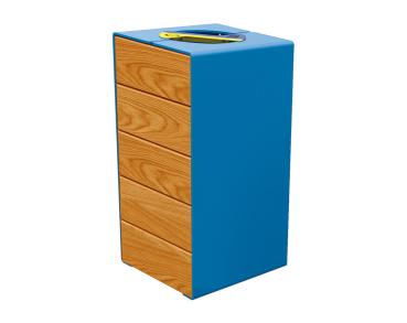 Abfalltrennsystem Kube. aus Stahl und Holz Farbe:RAL 5010|Fertigstellung Holz:Tropenholz - Lasur helle Eiche