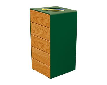 Abfalltrennsystem Kube. aus Stahl und Holz Farbe:RAL 6005|Fertigstellung Holz:Tropenholz - Lasur helle Eiche