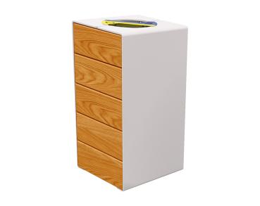 Abfalltrennsystem Kube. aus Stahl und Holz Farbe:RAL 7044|Fertigstellung Holz:Tropenholz - Lasur helle Eiche