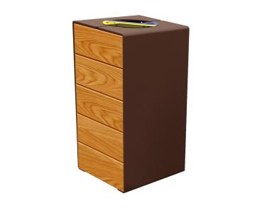 Abfalltrennsystem Kube. aus Stahl und Holz Farbe:RAL 8017|Fertigstellung Holz:Tropenholz - Lasur helle Eiche