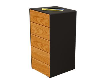 Abfalltrennsystem Kube. aus Stahl und Holz Farbe:RAL 9005|Fertigstellung Holz:Tropenholz - Lasur helle Eiche