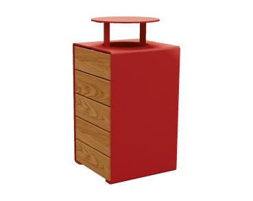 Abfallkorb Kube. 120 Liter aus Stahl und Holz Farbe:RAL 3004|Fertigstellung Holz:Tropenholz - Lasur helle Eiche|Struktur:Version mit Deckel