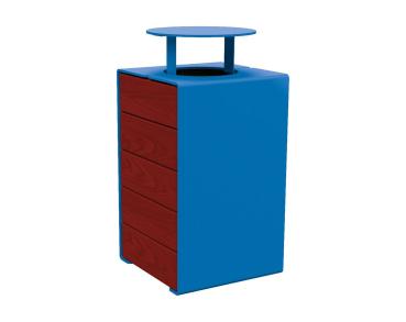 Abfallkorb Kube. 120 Liter aus Stahl und Holz Farbe:RAL 5010|Fertigstellung Holz:Tropenholz - Tönung Mahagoni|Struktur:Version mit Deckel