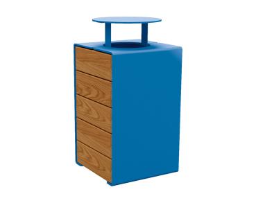 Abfallkorb Kube. 120 Liter aus Stahl und Holz Farbe:RAL 5010|Fertigstellung Holz:Tropenholz - Lasur helle Eiche|Struktur:Version mit Deckel