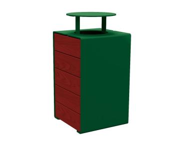 Abfallkorb Kube. 120 Liter aus Stahl und Holz Farbe:RAL 6005|Fertigstellung Holz:Tropenholz - Tönung Mahagoni|Struktur:Version mit Deckel