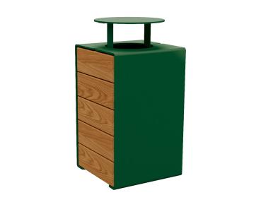 Abfallkorb Kube. 120 Liter aus Stahl und Holz Farbe:RAL 6005|Fertigstellung Holz:Tropenholz - Lasur helle Eiche|Struktur:Version mit Deckel