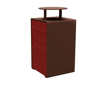 Abfallkorb Kube. 120 Liter aus Stahl und Holz Farbe:RAL 8017|Fertigstellung Holz:Tropenholz - Tönung Mahagoni|Struktur:Version mit Deckel