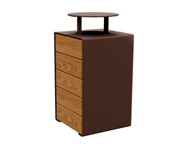 Abfallkorb Kube. 120 Liter aus Stahl und Holz Farbe:RAL 8017|Fertigstellung Holz:Tropenholz - Lasur helle Eiche|Struktur:Version mit Deckel