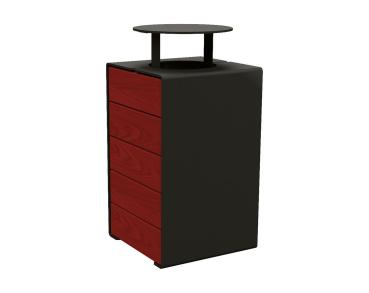 Abfallkorb Kube. 120 Liter aus Stahl und Holz Farbe:RAL 9005|Fertigstellung Holz:Tropenholz - Tönung Mahagoni|Struktur:Version mit Deckel