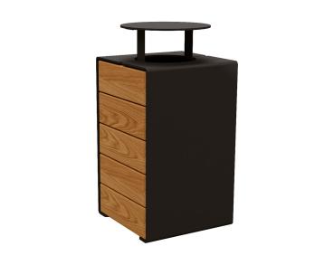 Abfallkorb Kube. 120 Liter aus Stahl und Holz Farbe:RAL 9005|Fertigstellung Holz:Tropenholz - Lasur helle Eiche|Struktur:Version mit Deckel