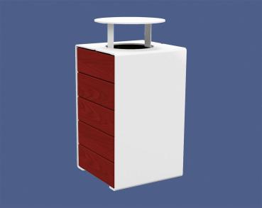 Abfallkorb Kube. 120 Liter aus Stahl und Holz Farbe:RAL 9010|Fertigstellung Holz:Tropenholz - Tönung Mahagoni|Struktur:Version mit Deckel