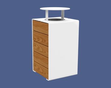 Abfallkorb Kube. 120 Liter aus Stahl und Holz Farbe:RAL 9010|Fertigstellung Holz:Tropenholz - Lasur helle Eiche|Struktur:Version mit Deckel