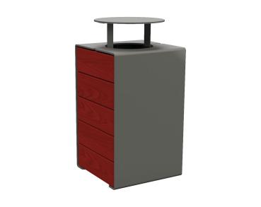 Abfallkorb Kube. 120 Liter aus Stahl und Holz Farbe:Procity grau|Fertigstellung Holz:Tropenholz - Tönung Mahagoni|Struktur:Version mit Deckel