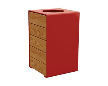 Abfallkorb Kube. 120 Liter aus Stahl und Holz Farbe:RAL 3004|Fertigstellung Holz:Tropenholz - Lasur helle Eiche|Struktur:Version ohne Deckel