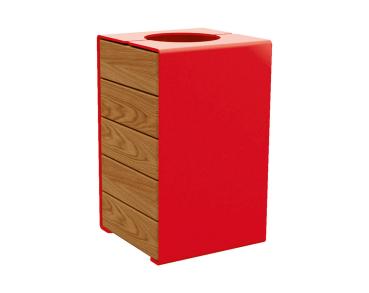 Abfallkorb Kube. 120 Liter aus Stahl und Holz Farbe:RAL 3020|Fertigstellung Holz:Tropenholz - Lasur helle Eiche|Struktur:Version ohne Deckel