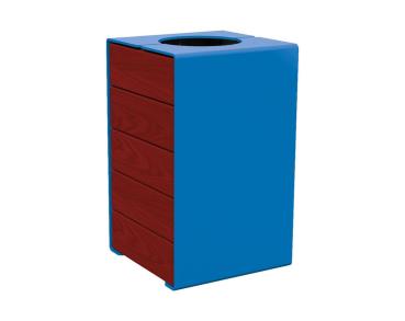 Abfallkorb Kube. 120 Liter aus Stahl und Holz Farbe:RAL 5010|Fertigstellung Holz:Tropenholz - Tönung Mahagoni|Struktur:Version ohne Deckel