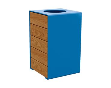 Abfallkorb Kube. 120 Liter aus Stahl und Holz Farbe:RAL 5010|Fertigstellung Holz:Tropenholz - Lasur helle Eiche|Struktur:Version ohne Deckel