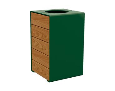 Abfallkorb Kube. 120 Liter aus Stahl und Holz Farbe:RAL 6005|Fertigstellung Holz:Tropenholz - Lasur helle Eiche|Struktur:Version ohne Deckel