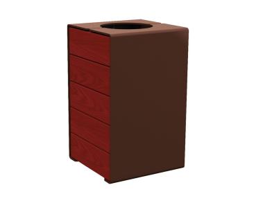 Abfallkorb Kube. 120 Liter aus Stahl und Holz Farbe:RAL 8017|Fertigstellung Holz:Tropenholz - Tönung Mahagoni|Struktur:Version ohne Deckel