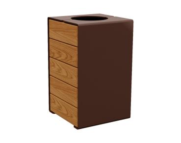 Abfallkorb Kube. 120 Liter aus Stahl und Holz Farbe:RAL 8017|Fertigstellung Holz:Tropenholz - Lasur helle Eiche|Struktur:Version ohne Deckel
