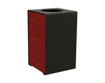 Abfallkorb Kube. 120 Liter aus Stahl und Holz Farbe:RAL 9005|Fertigstellung Holz:Tropenholz - Tönung Mahagoni|Struktur:Version ohne Deckel