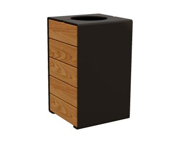 Abfallkorb Kube. 120 Liter aus Stahl und Holz Farbe:RAL 9005|Fertigstellung Holz:Tropenholz - Lasur helle Eiche|Struktur:Version ohne Deckel