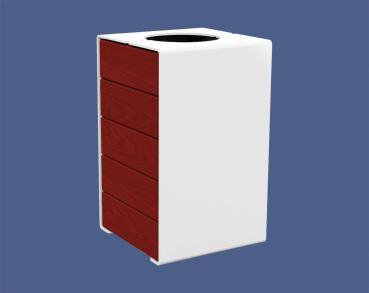 Abfallkorb Kube. 120 Liter aus Stahl und Holz Farbe:RAL 9010|Fertigstellung Holz:Tropenholz - Tönung Mahagoni|Struktur:Version ohne Deckel