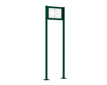 Schaukasten Tradition mit Pfosten Farbe:RAL 6005|Abmessungen:2 A4 - B 550 x H 400 mm - Flügeltür|Pfosten:Pfosten-Set auf Bodenplatten