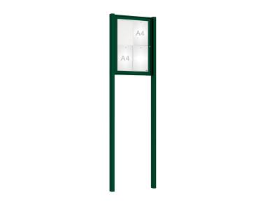 Schaukasten Tradition mit Pfosten Farbe:RAL 6005|Abmessungen:4 A4 - B 550 x H 750 mm - Flügeltür|Pfosten:Mittelpfosten zum Einbetonieren