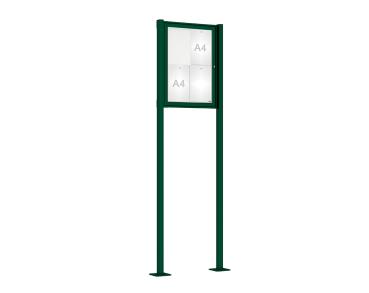 Schaukasten Tradition mit Pfosten Farbe:RAL 6005|Abmessungen:4 A4 - B 550 x H 750 mm - Flügeltür|Pfosten:Pfosten-Set auf Bodenplatten