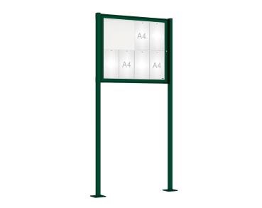 Schaukasten Tradition mit Pfosten Farbe:RAL 6005|Abmessungen:8 A4 - B 980 x H 830 mm - Flügeltür|Pfosten:Pfosten-Set auf Bodenplatten