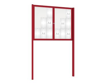 Schaukasten Tradition mit Pfosten Farbe:RAL 3004|Abmessungen:18 A4 - B 1400 x H 1050 mm - 2-flügelig|Pfosten:Pfosten-Set zum Einbetonieren