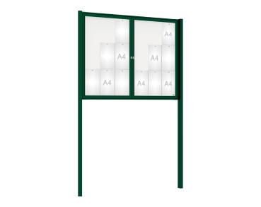 Schaukasten Tradition mit Pfosten Farbe:RAL 6005|Abmessungen:18 A4 - B 1400 x H 1050 mm - 2-flügelig|Pfosten:Pfosten-Set zum Einbetonieren