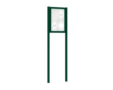 Schaukasten Klassik mit Pfosten Farbe:RAL 6005|Abmessungen:4 A4 - B 550 x H 750 mm - Flügeltür|Pfosten:Mittelpfosten zum Einbetonieren